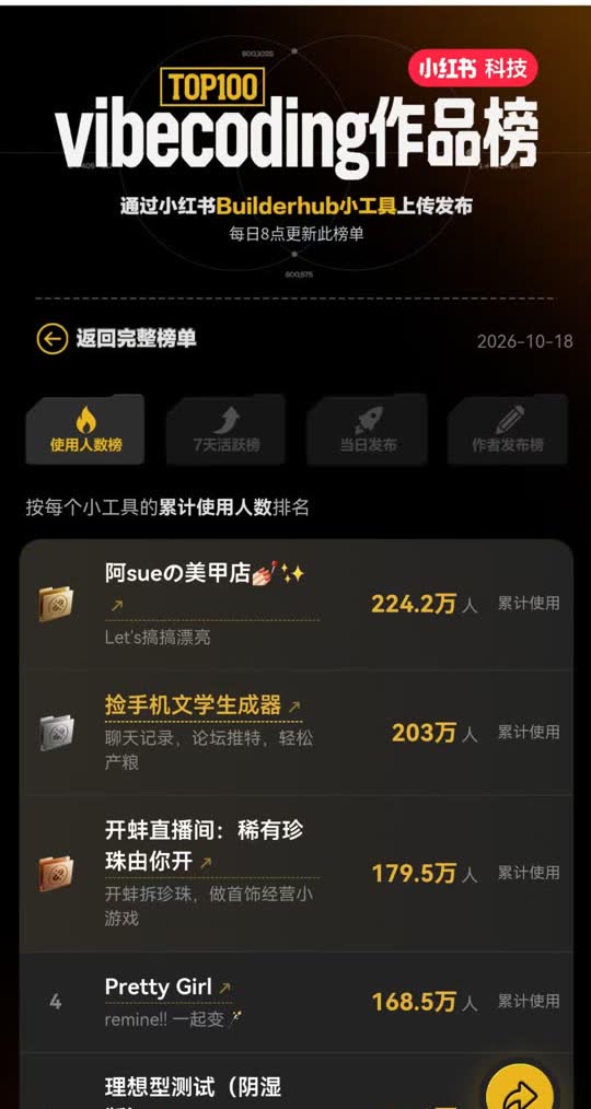小红书 vibecoding 作品榜（2026-10-18）